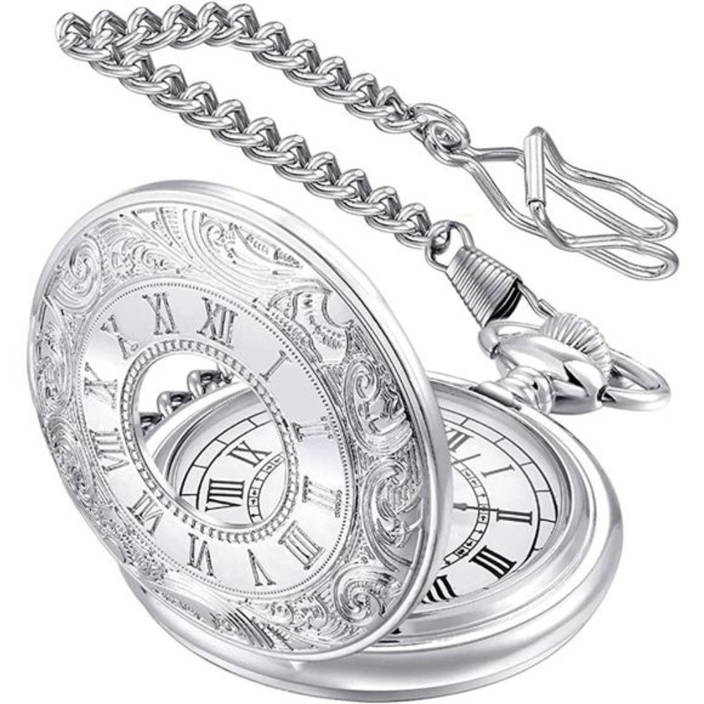 Pocket Watch Roman Numerals Scale Quartz with Chain Fathers Day Birthday Gift